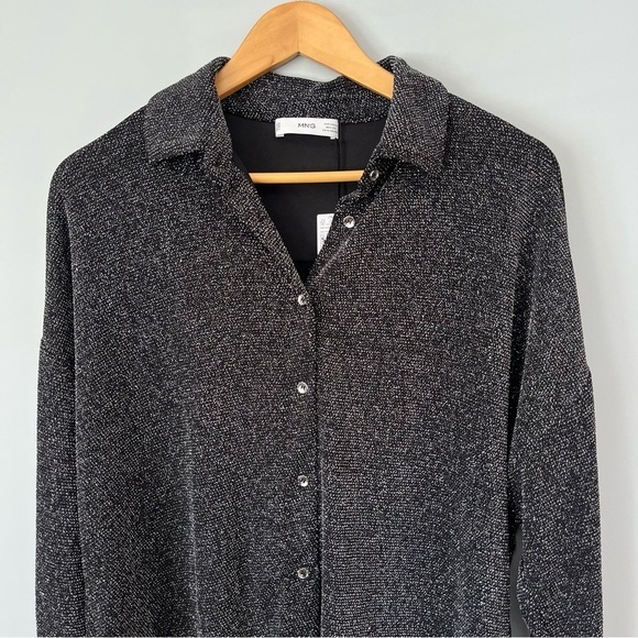 Mango Long Sleeve Collared Neckline Silver Glitter Button Down Shirt Size S NWT - Picture 4 of 16